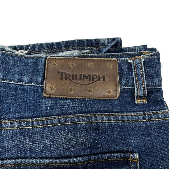 TRIUMPH MOTORCYCLE Jeans Blue Gusseted Double Knee Denim Flap Pockets 36X34 - Picture 4 of 16